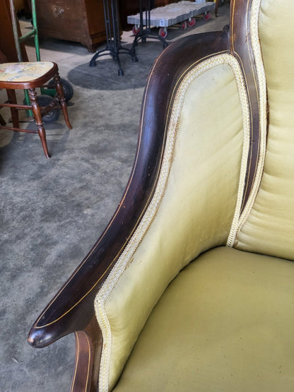 Antique Edwardian small silk parlour sofa cabriole legs castors