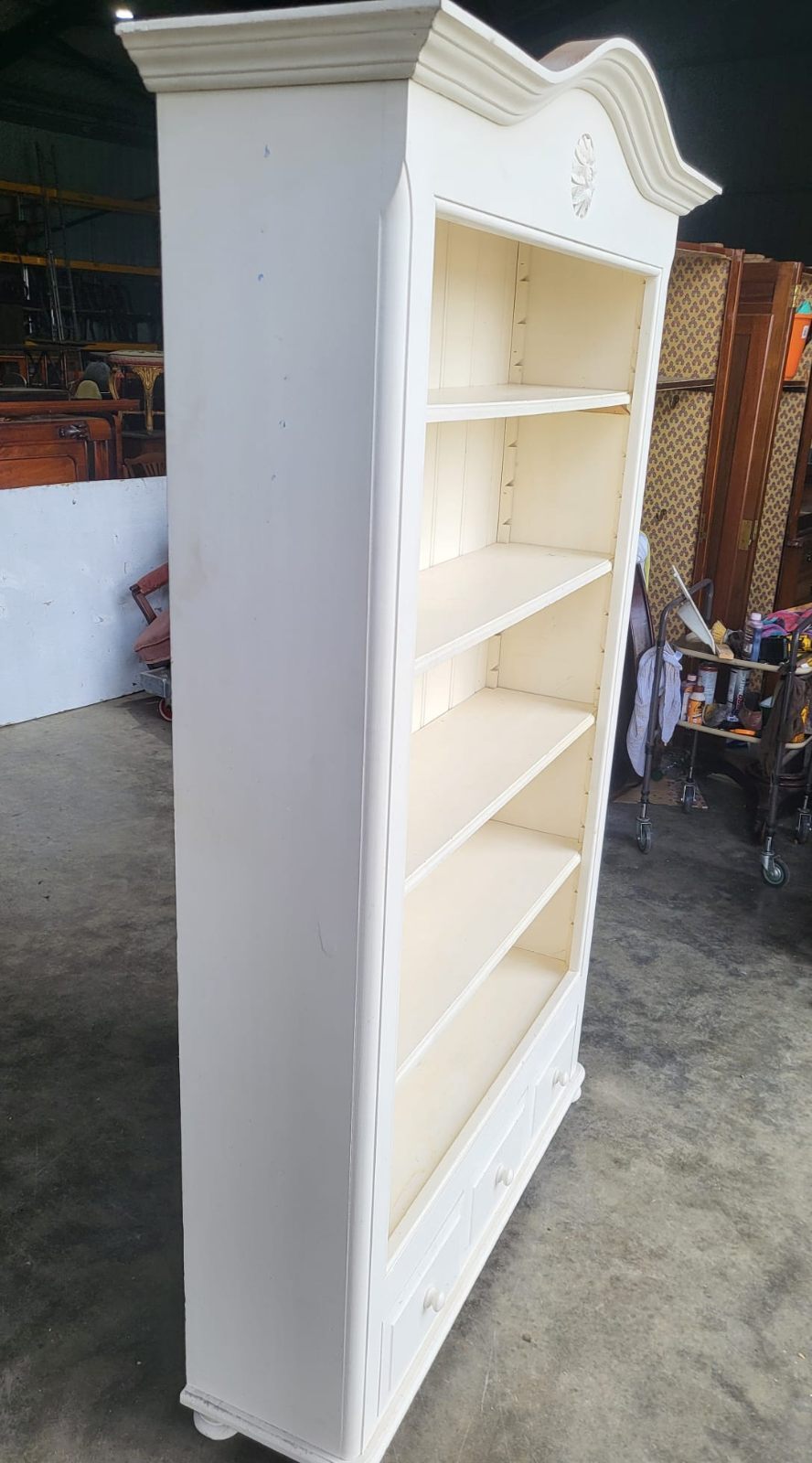 Large white open bookcase adjustable shelves 3 drawers cornice