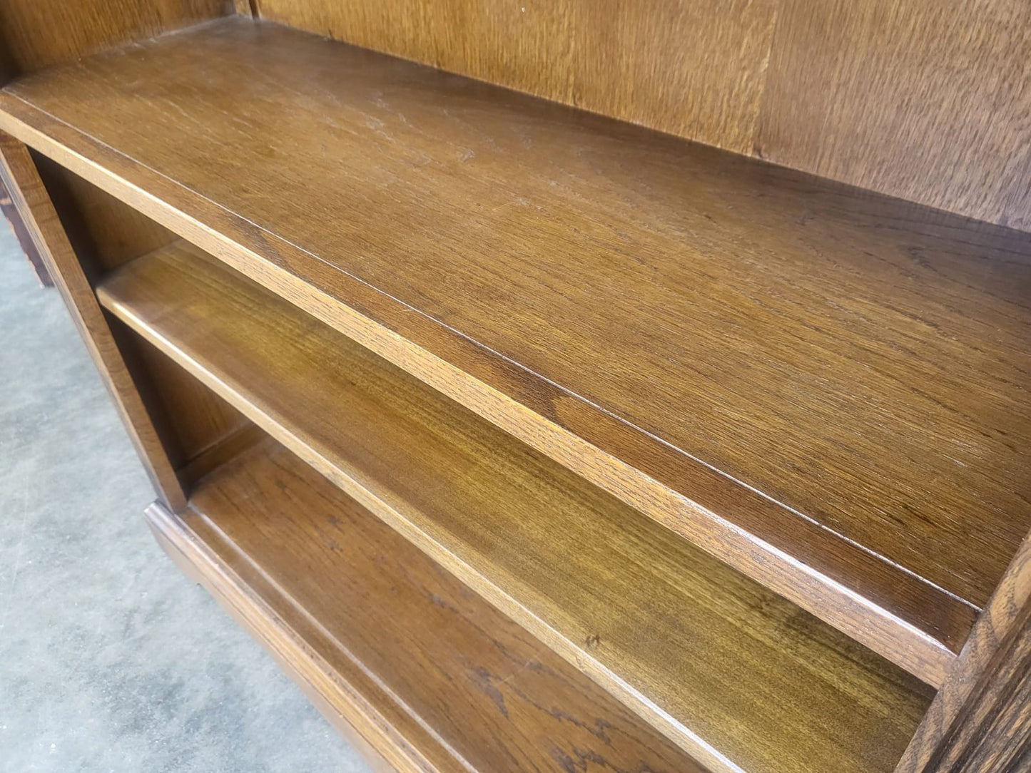 Antique dark oak tall open bookcase adjustable shelves old charm
