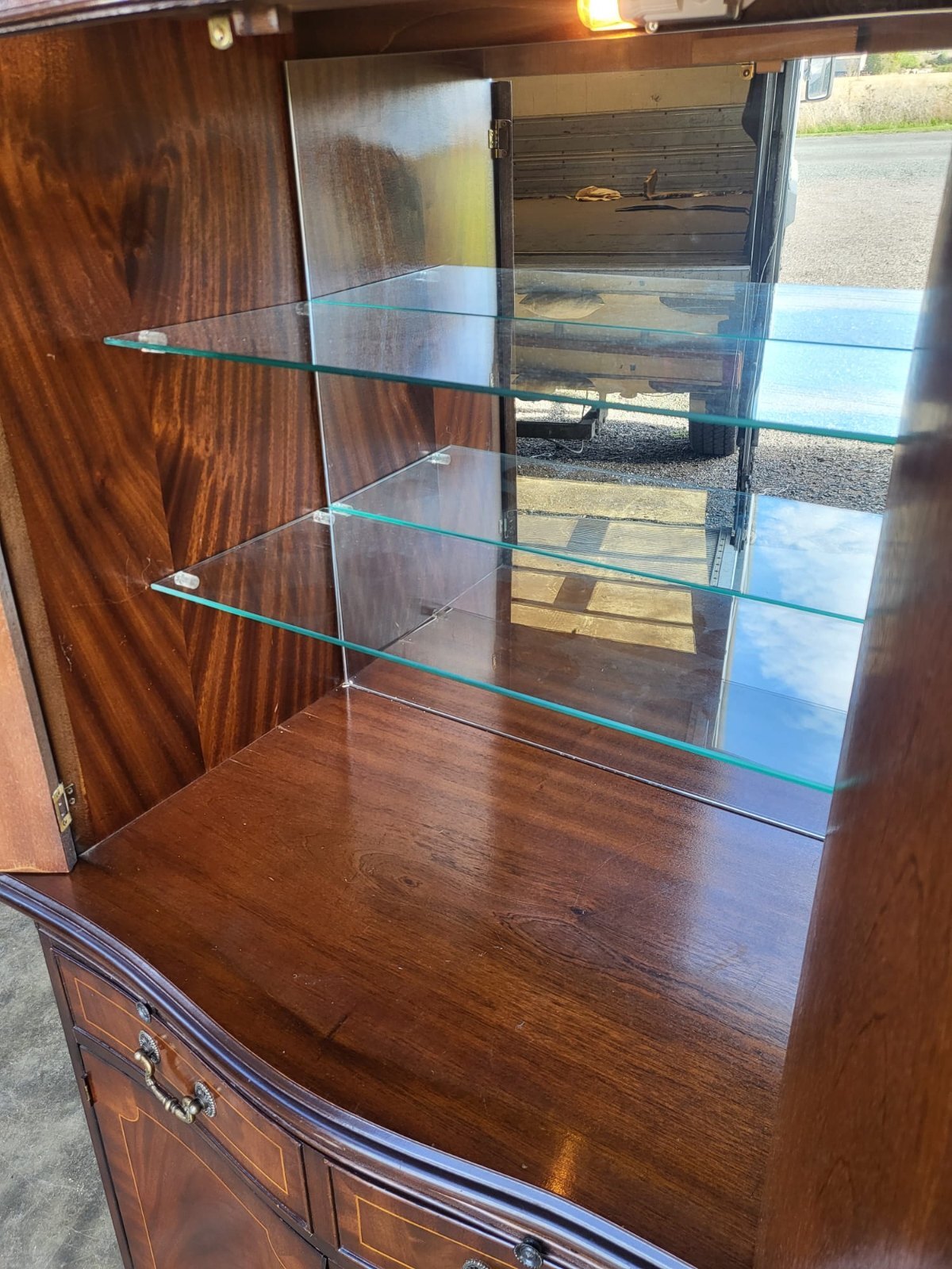 Antique repro bow front inlaid drinks cabinet cupboard desk