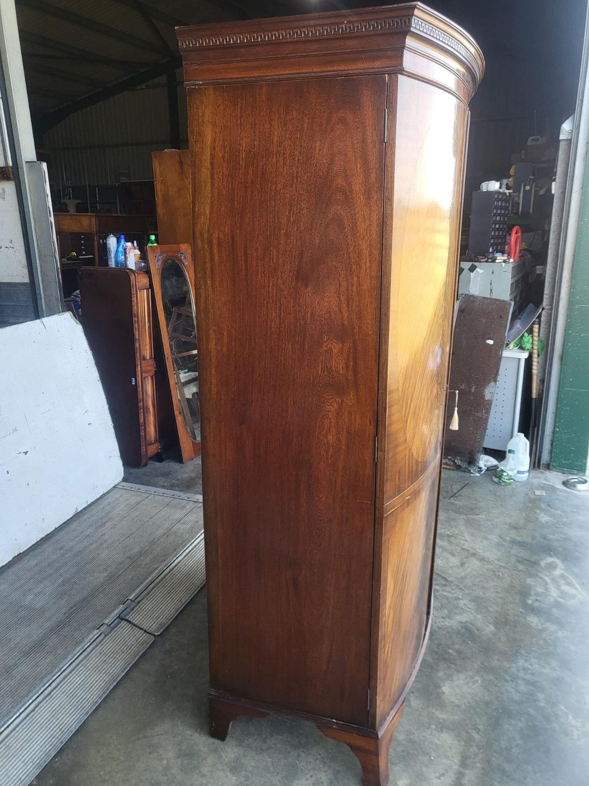 Antique mahogany bow front inlaid 2 x door wardrobe splayed legs