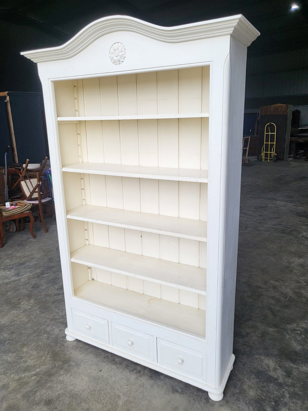 Large white open bookcase adjustable shelves 3 drawers cornice