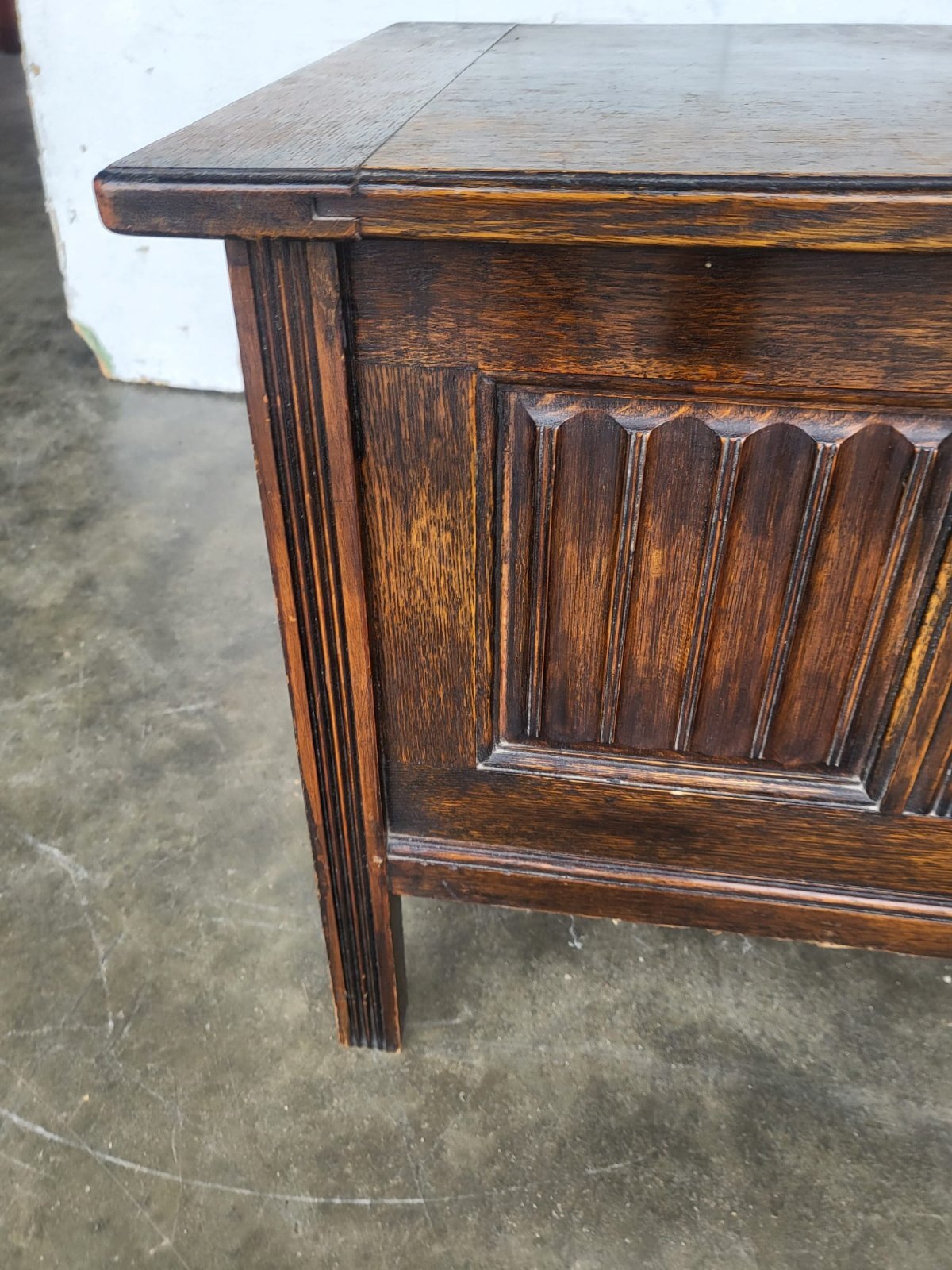 Vintage small panelled oak blanket storage bed end coffer trunk
