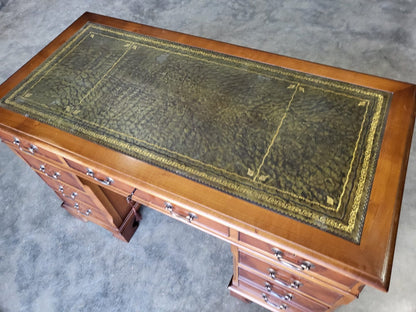 Antique repro Yew small twin pedestal desk leather top
