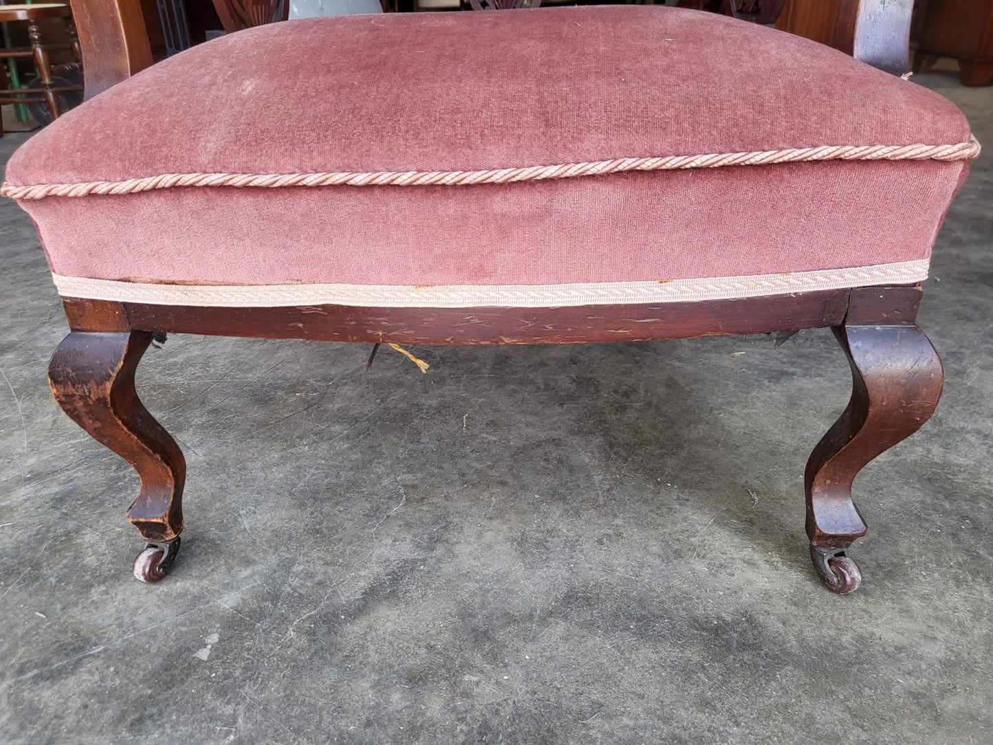 Antique Victorian open bedroom tub chair cabriole legs castors