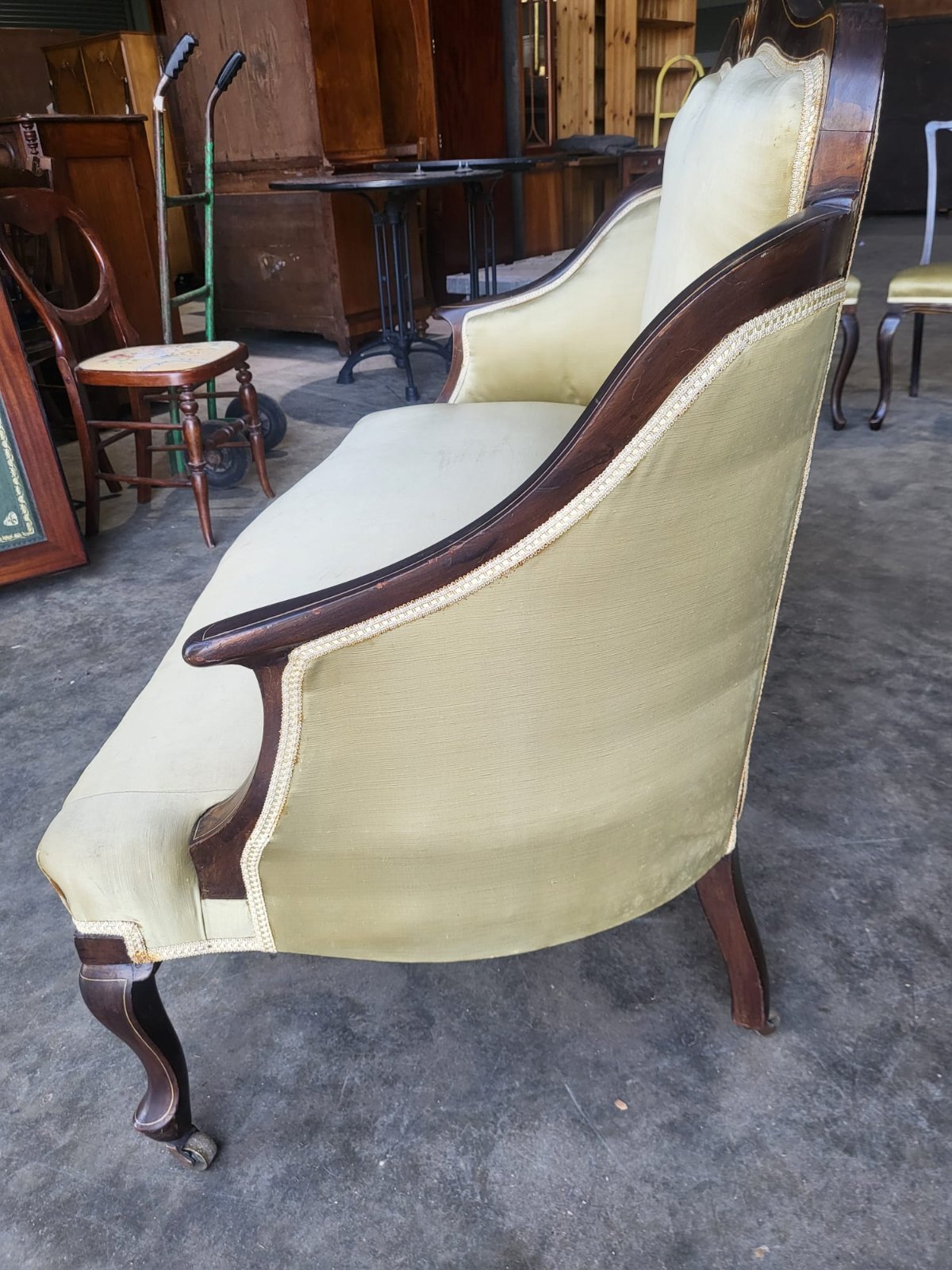Antique Edwardian small silk parlour sofa cabriole legs castors
