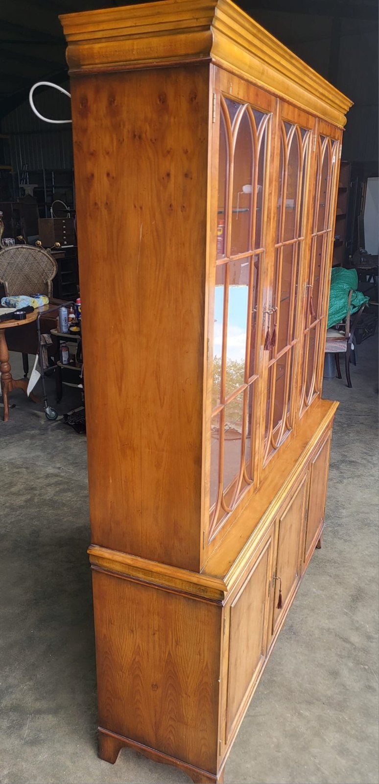 Antique repro large Yew 3 door glazed bookcase display cabinet cupboard shelves