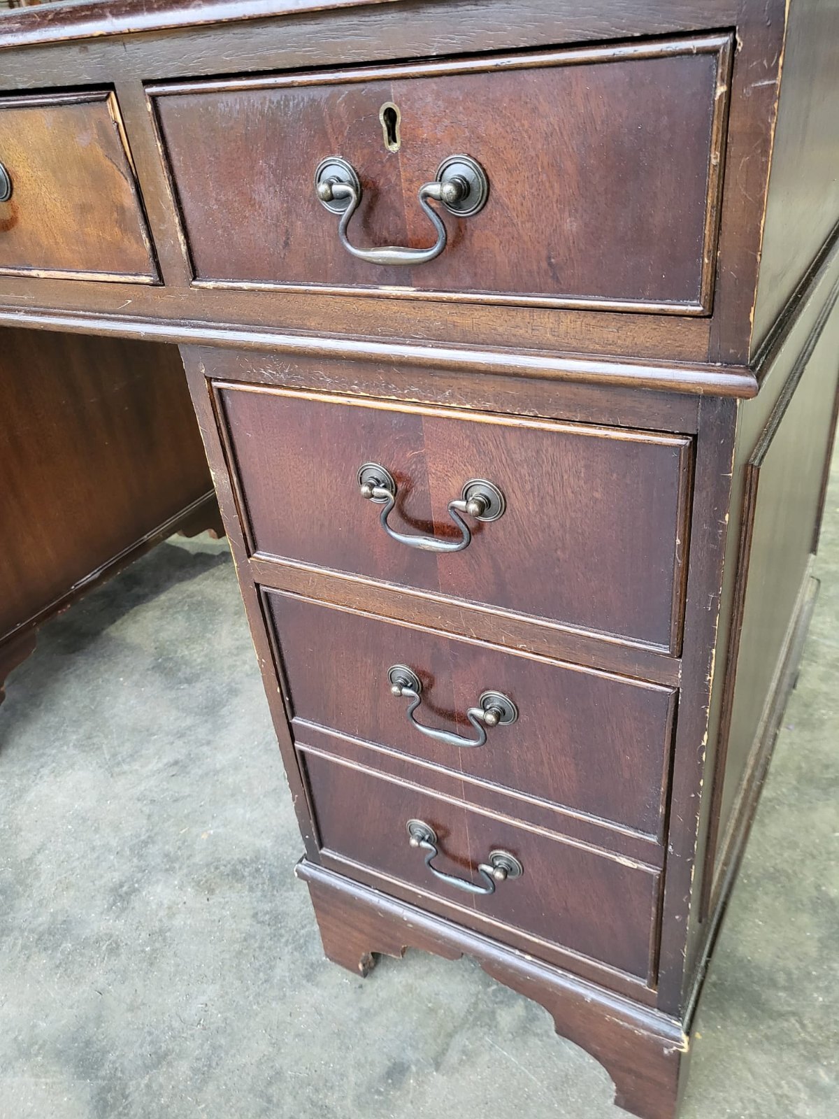 Antique repro small twin pedestal writing desk leather top
