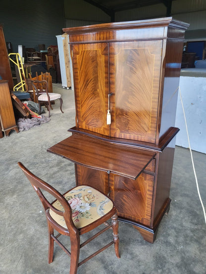 Antique repro bow front inlaid drinks cabinet cupboard desk