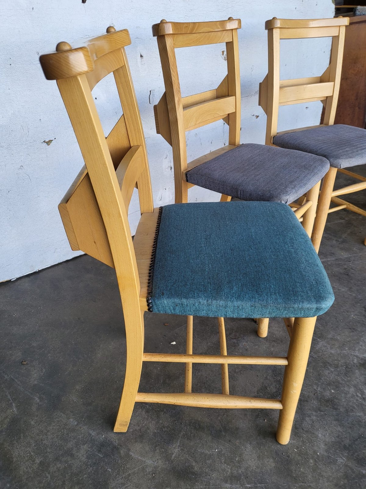 Four small beech church chapel dining chairs upholstered