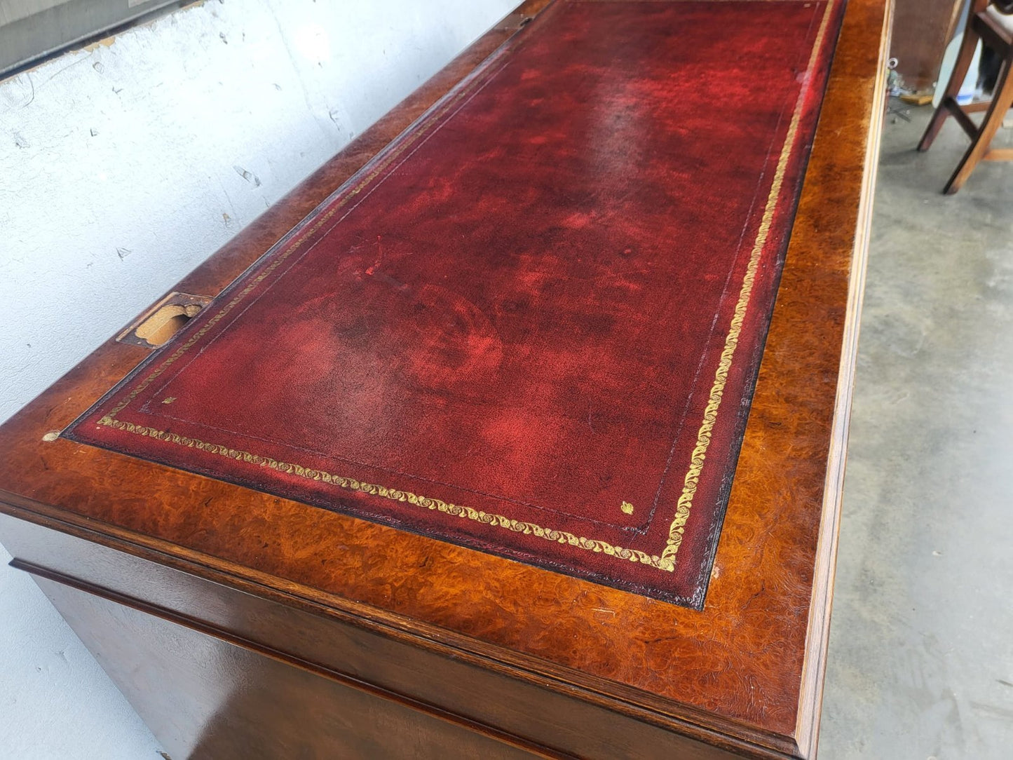 Antique repro large twin pedestal office desk leather top drawers filing