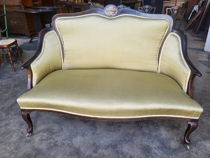 Antique Edwardian small silk parlour sofa cabriole legs castors