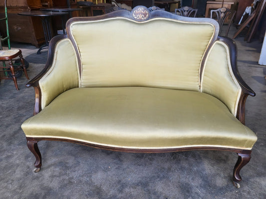 Antique Edwardian small silk parlour sofa cabriole legs castors