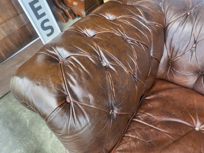 Vintage shabby large 3 seat brown leather Chesterfield sofa