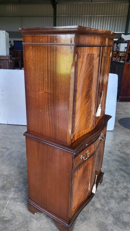 Antique repro bow front inlaid drinks cabinet cupboard desk