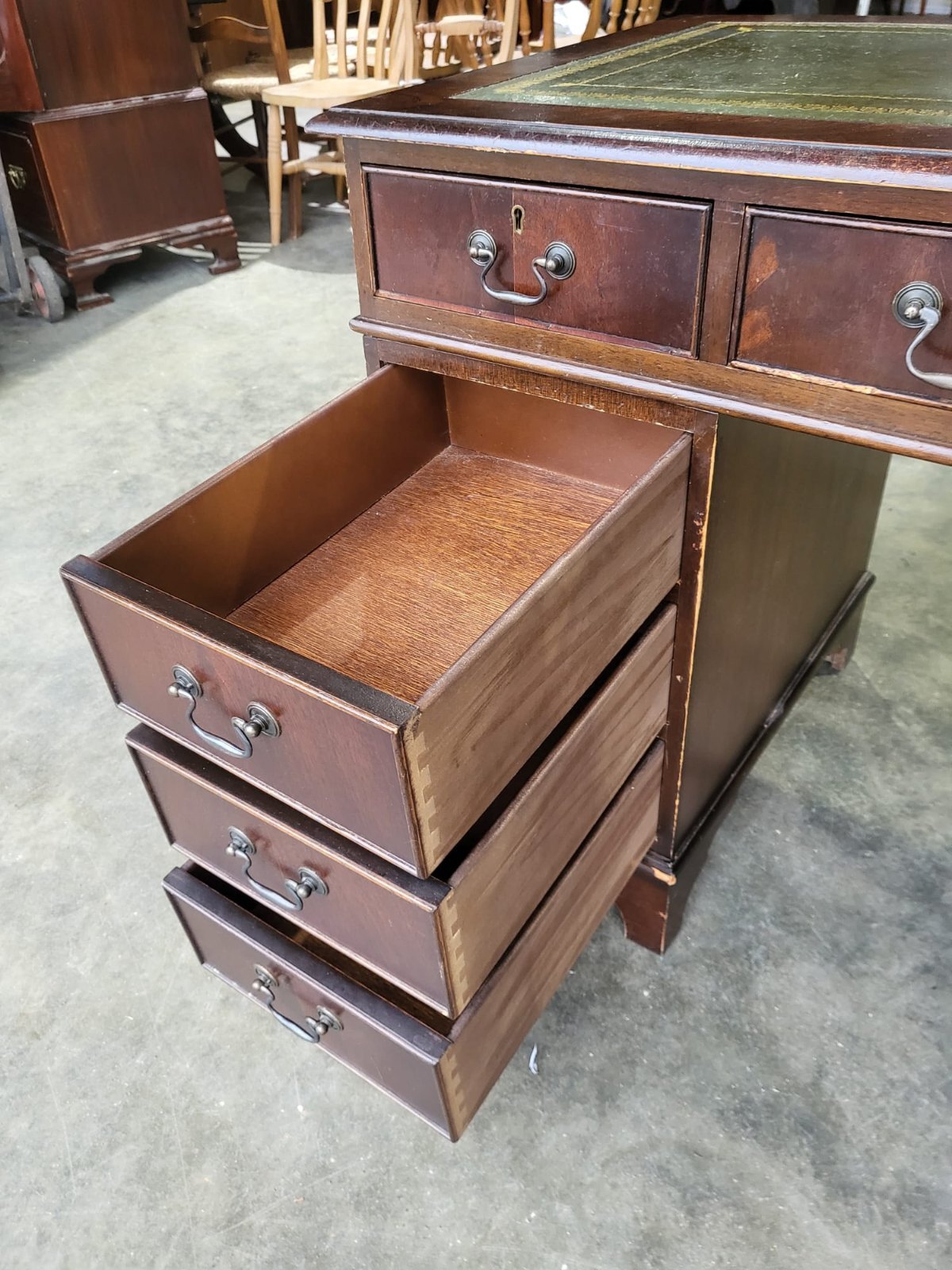 Antique repro small twin pedestal writing desk leather top