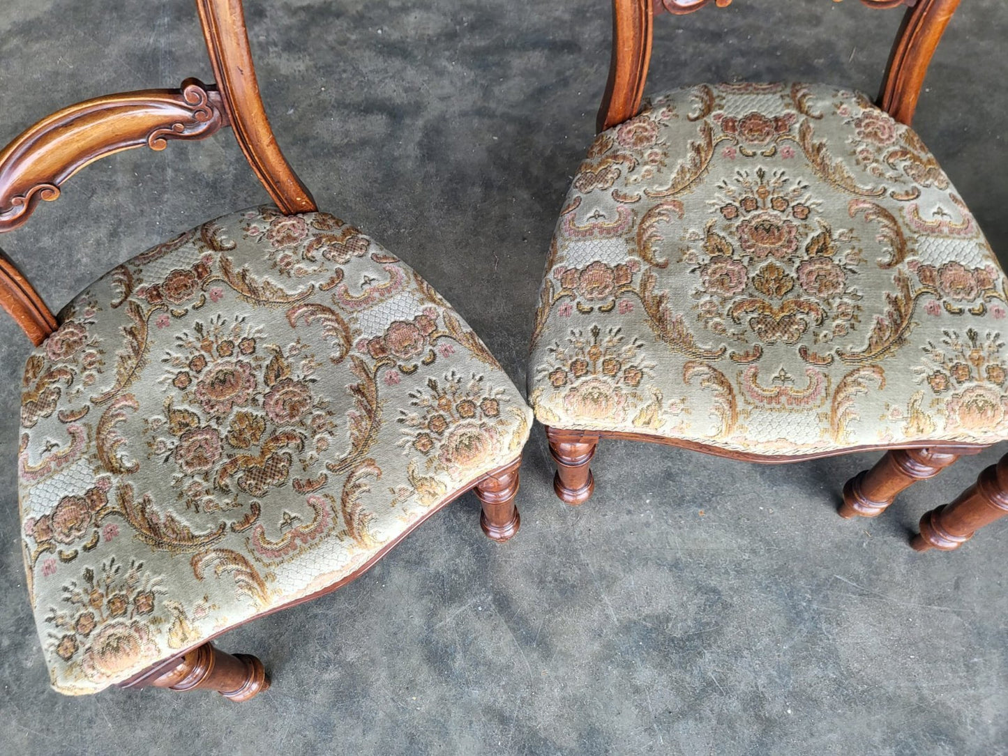 Four antique Victorian balloon back dining chairs floral seats