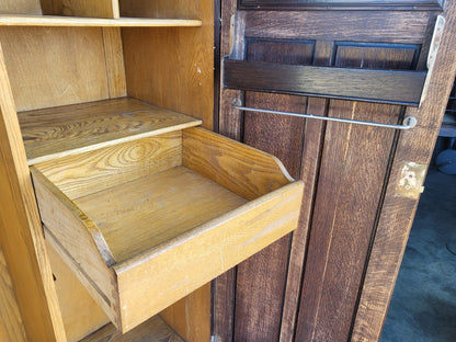 Vintage small oak panelled gentleman's wardrobe shelves drawer