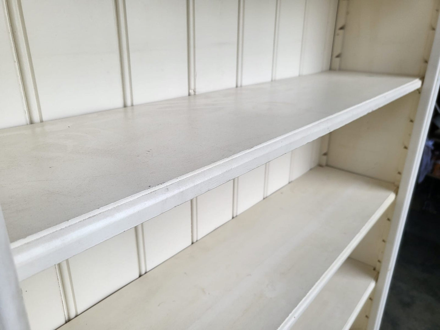 Large white open bookcase adjustable shelves 3 drawers cornice