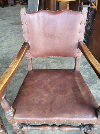 Pair vintage two oak carver open dining armchairs pu leather