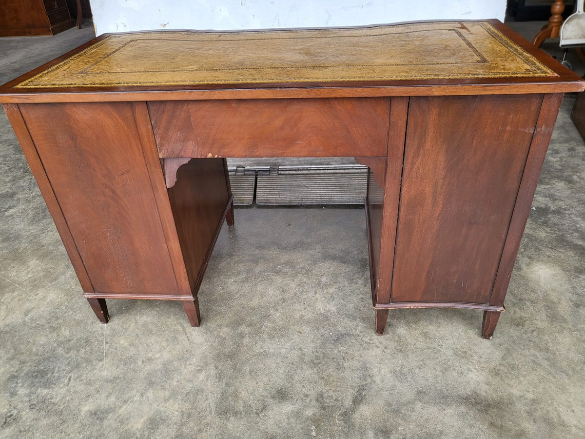 Antique repro small bow front desk 9 drawers leather top