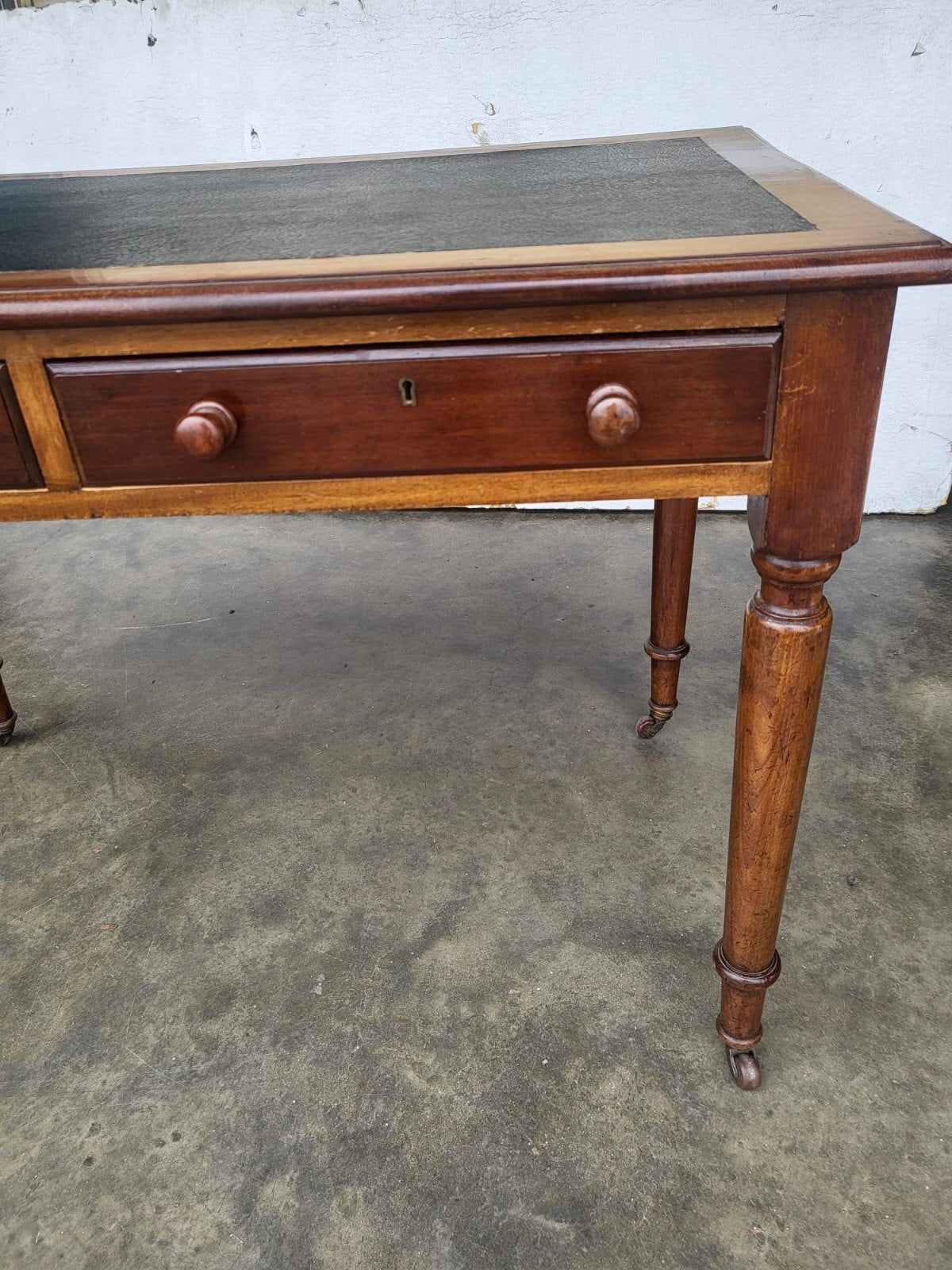 Antique Victorian 2 drawer writing desk table turned legs castors