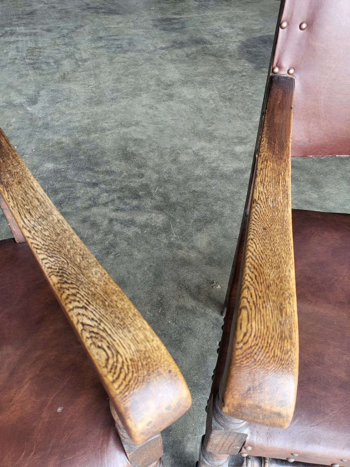 Pair vintage two oak carver open dining armchairs pu leather