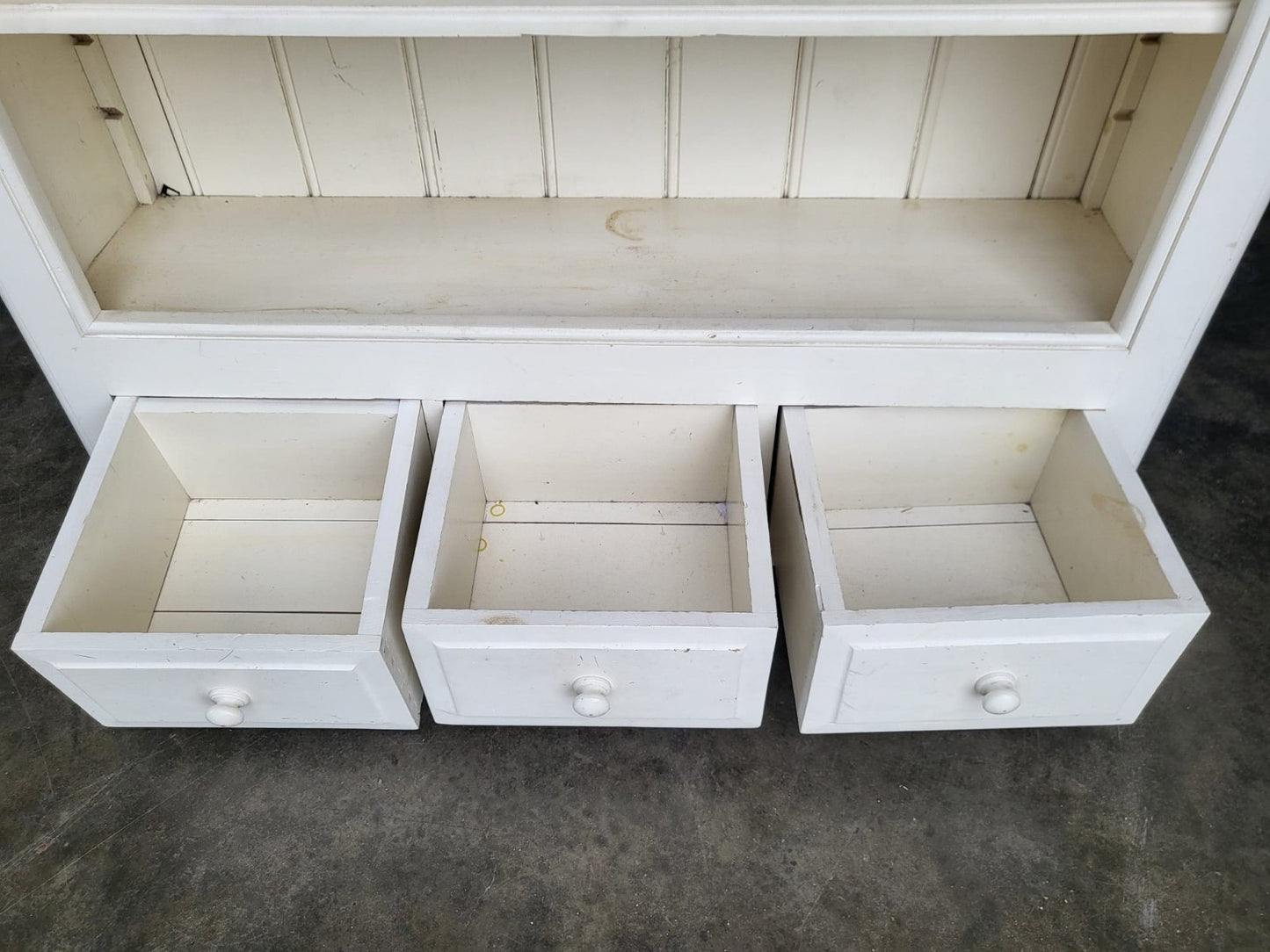 Large white open bookcase adjustable shelves 3 drawers cornice