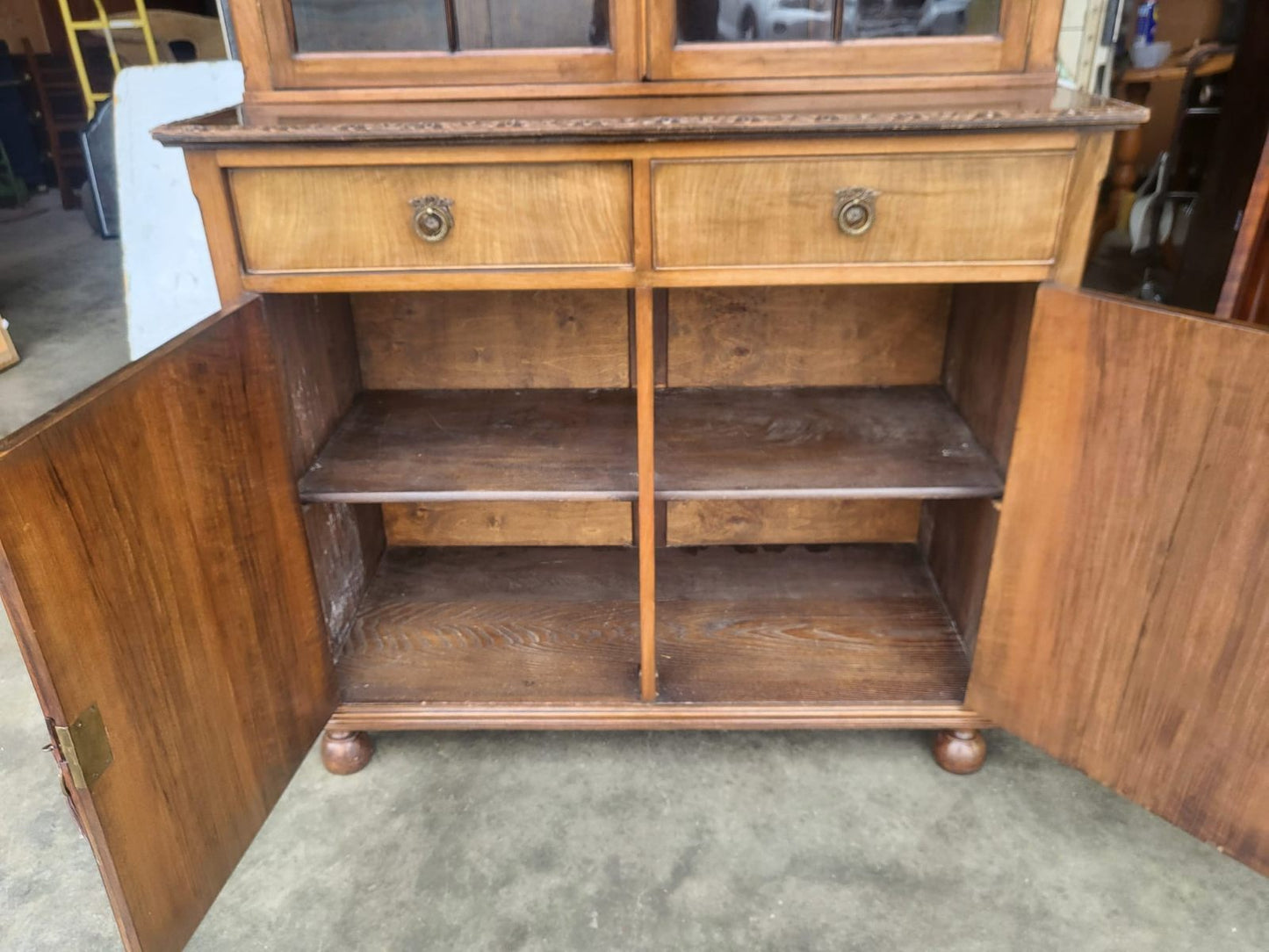 Antique Edwardian glazed bookcase cabinet drawers cupboard shelves