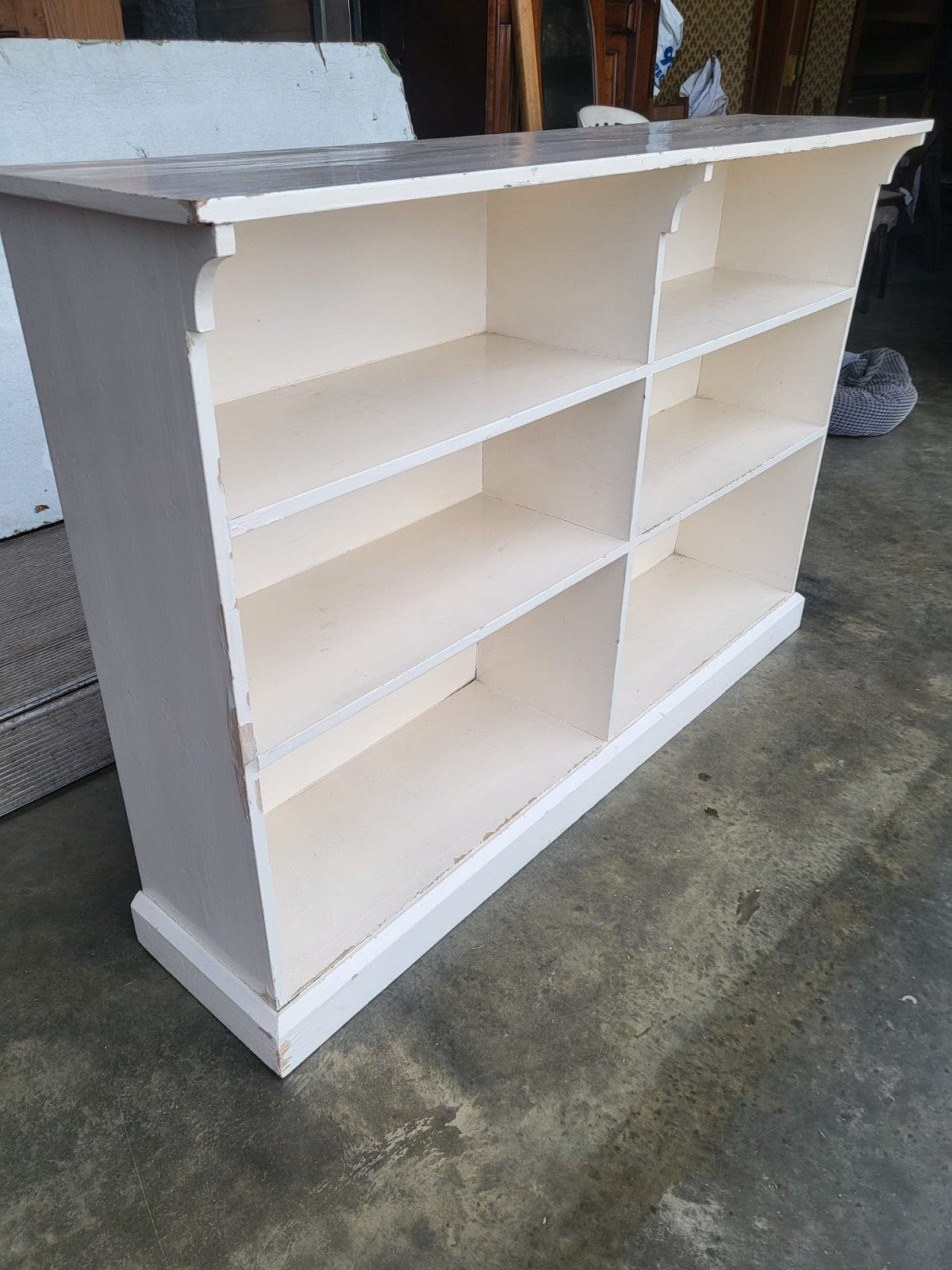 Vintage large low painted white open bookcase six shelves