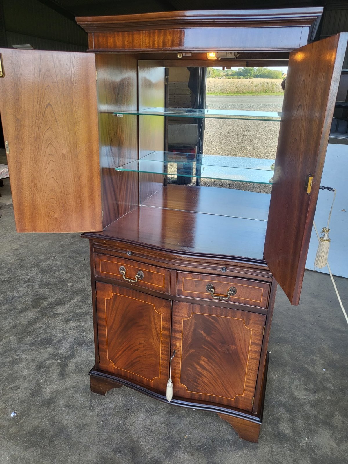 Antique repro bow front inlaid drinks cabinet cupboard desk