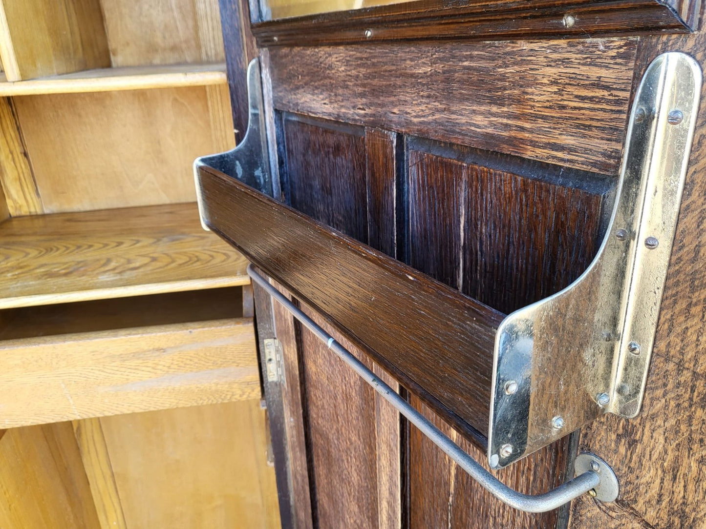 Vintage small oak panelled gentleman's wardrobe shelves drawer