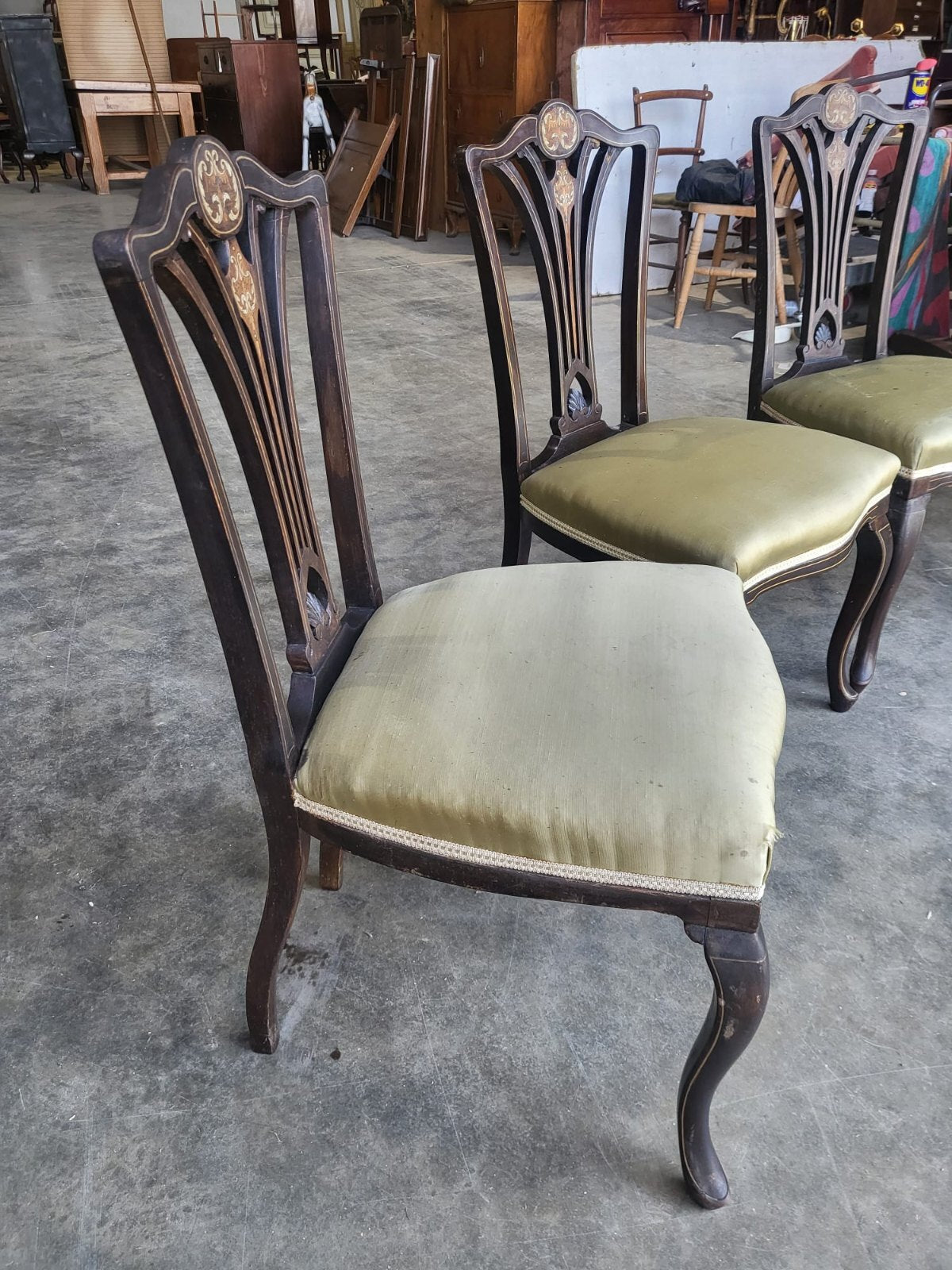 Four Antique Edwardian silk inlaid dining chairs cabriole legs sprung