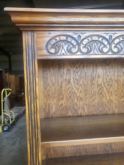 Antique dark oak tall open bookcase adjustable shelves old charm