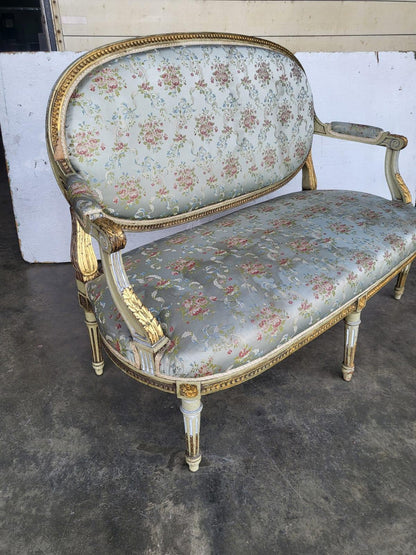Antique Victorian French wood frame parlour sofa gold silk floral