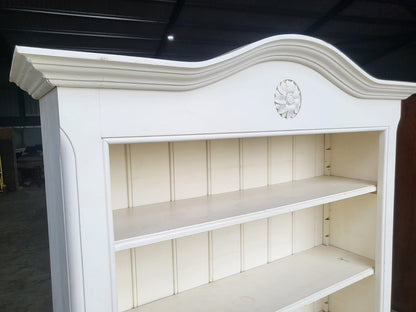 Large white open bookcase adjustable shelves 3 drawers cornice