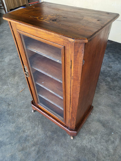 Antique Edwardian inlaid small glazed bookcase music cabinet shelves