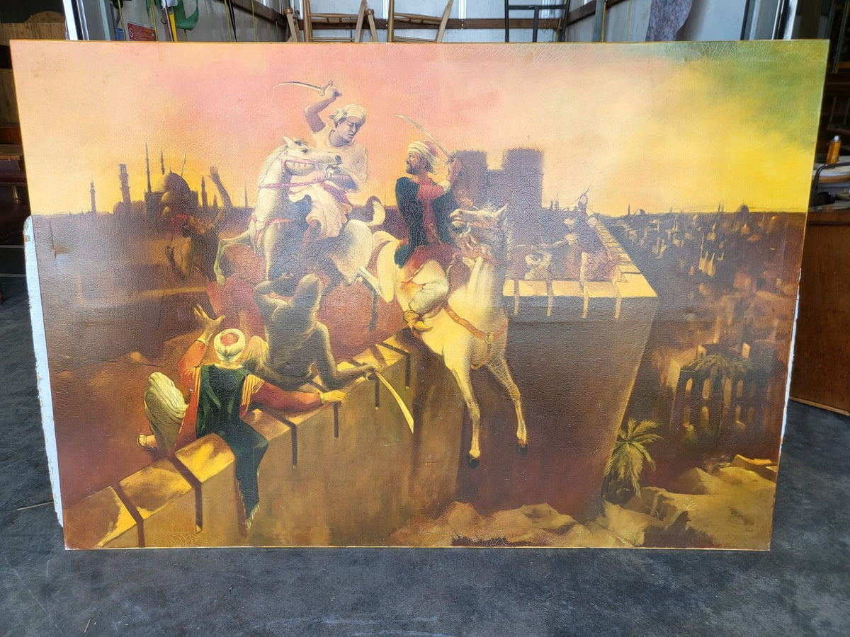 Very large painting oleograph canvas Arab Turkish Fort