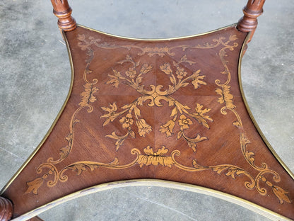 Antique Louis marquetry round 2 tier side end table brass Ormolu