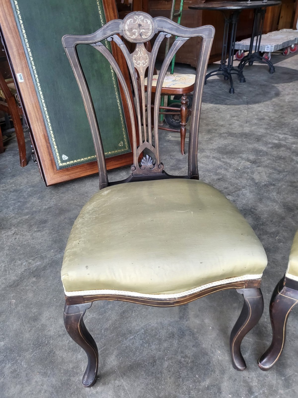 Four Antique Edwardian silk inlaid dining chairs cabriole legs sprung