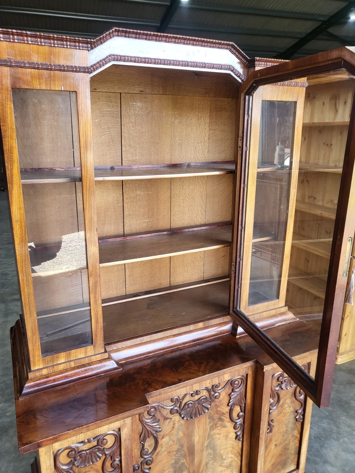 Antique mahogany small break front glazed bookcase cabinet cupboard