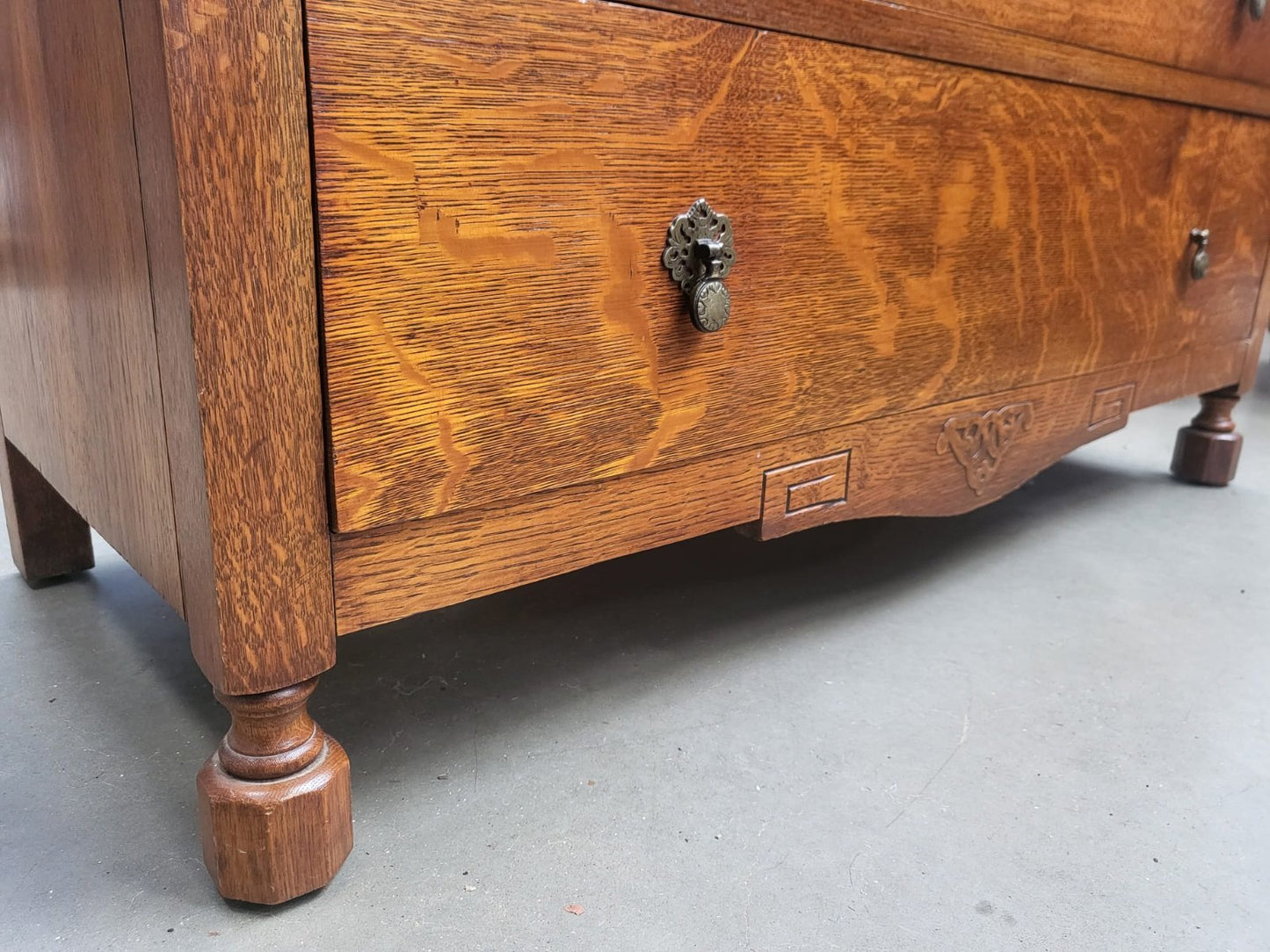 Vintage 1930's oak small wardrobe two drawers bun feet mirror