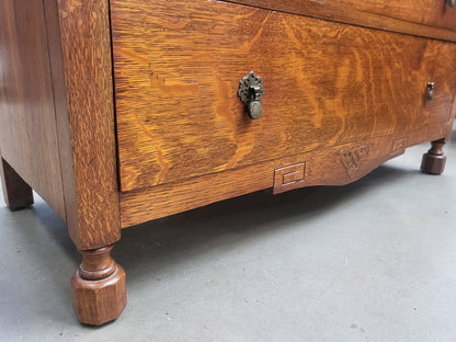 Vintage 1930's oak small wardrobe two drawers bun feet mirror