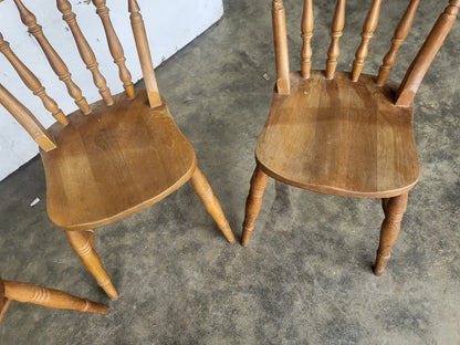 Four beech wooden stick back kitchen country dining chairs