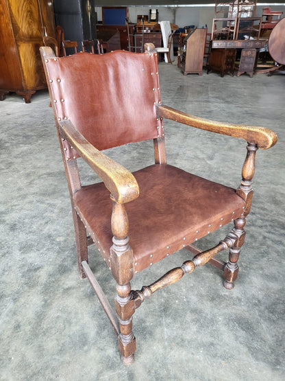 Pair vintage two oak carver open dining armchairs pu leather