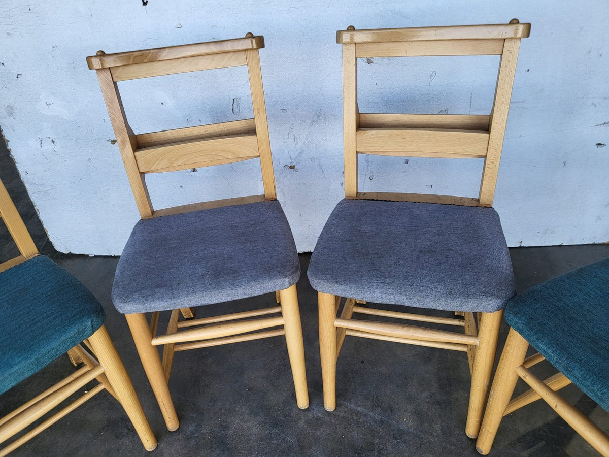 Four small beech church chapel dining chairs upholstered