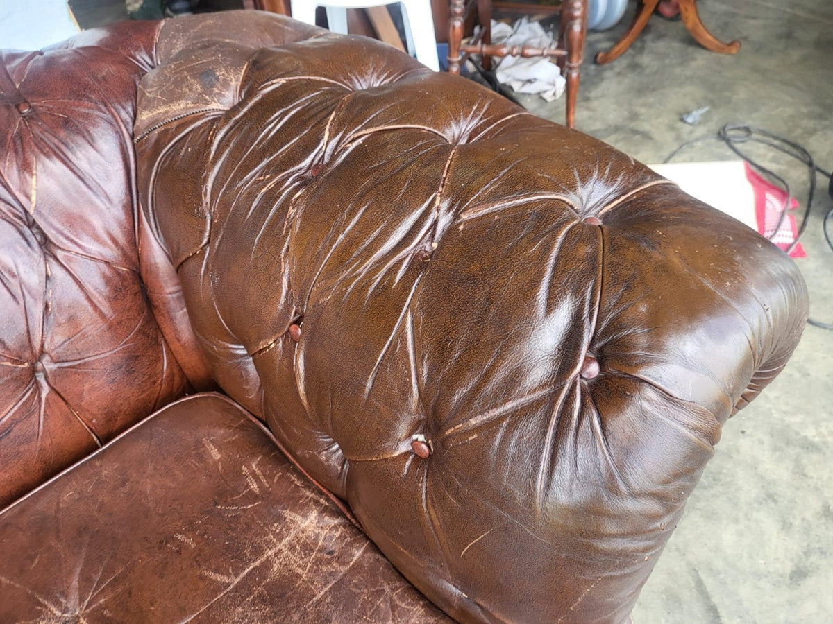 Vintage shabby large 3 seat brown leather Chesterfield sofa