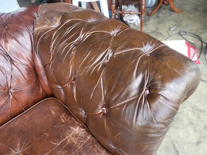 Vintage shabby large 3 seat brown leather Chesterfield sofa