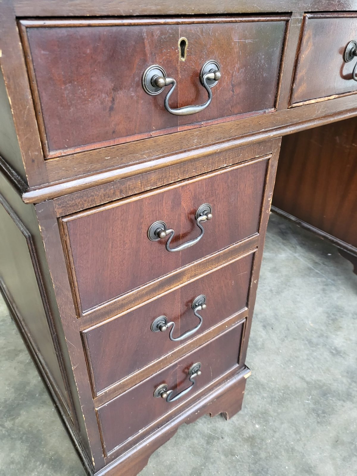 Antique repro small twin pedestal writing desk leather top