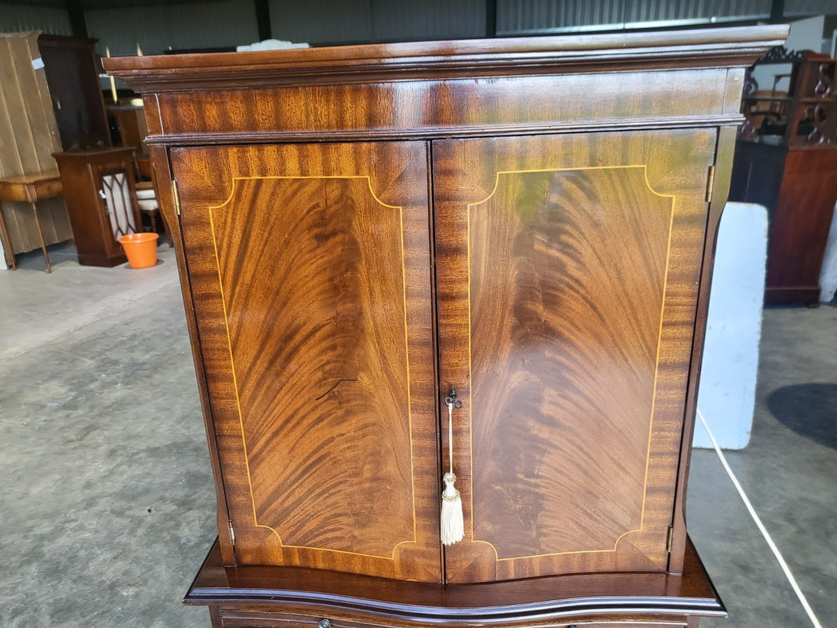 Antique repro bow front inlaid drinks cabinet cupboard desk